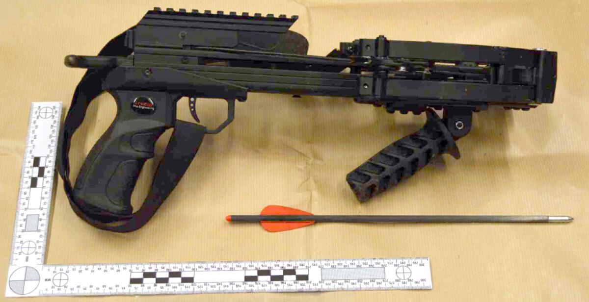 Undated photo of the crossbow that Jaswant Singh Chail, 21, was carrying when arrested in the grounds of Windsor Castle in Berkshire, United Kingdom, on Dec. 25, 2021. (CPS)