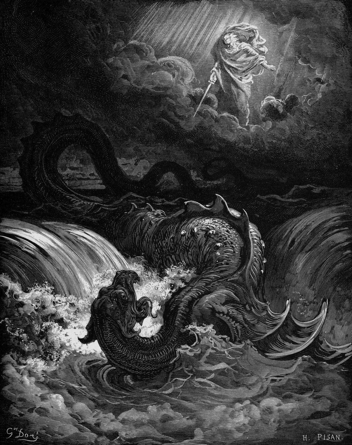 Etching from “Destruction of Leviathan” by Gustave Doré (1865; public domain via Wikimedia Commons). The etching depicts the Our Lord slaying the Leviathan as described in Isaiah 27:1.