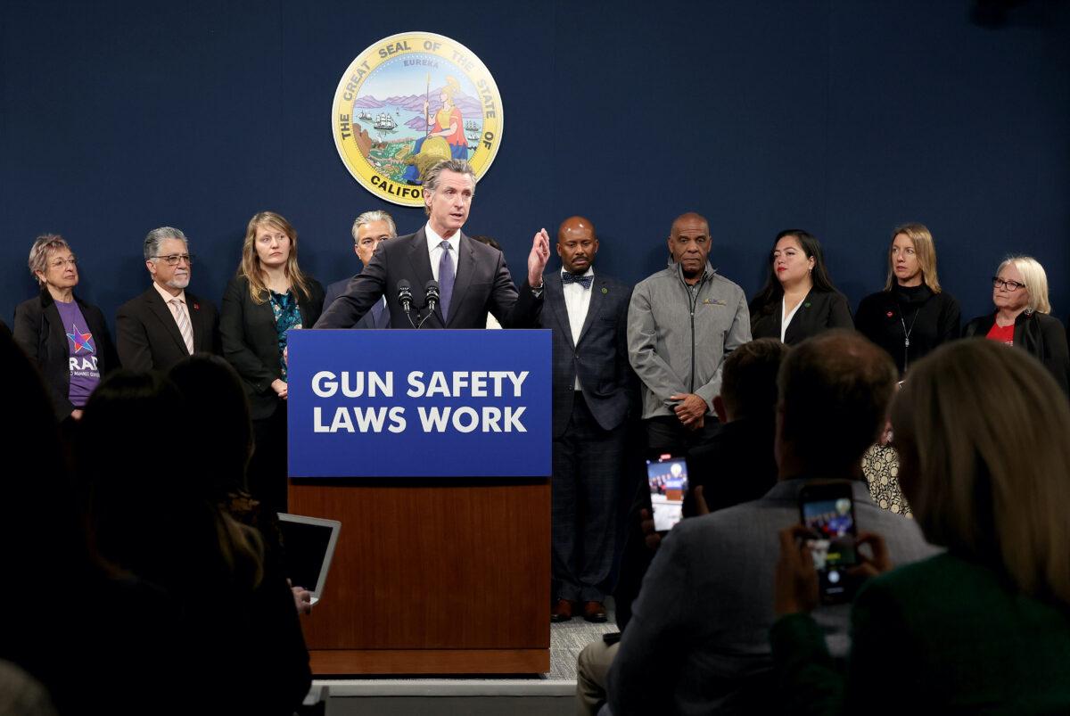 California Gov. Gavin Newsom speaks during a press conference in Sacramento, Calif., on Feb. 1, 2023. (Justin Sullivan/Getty Images)