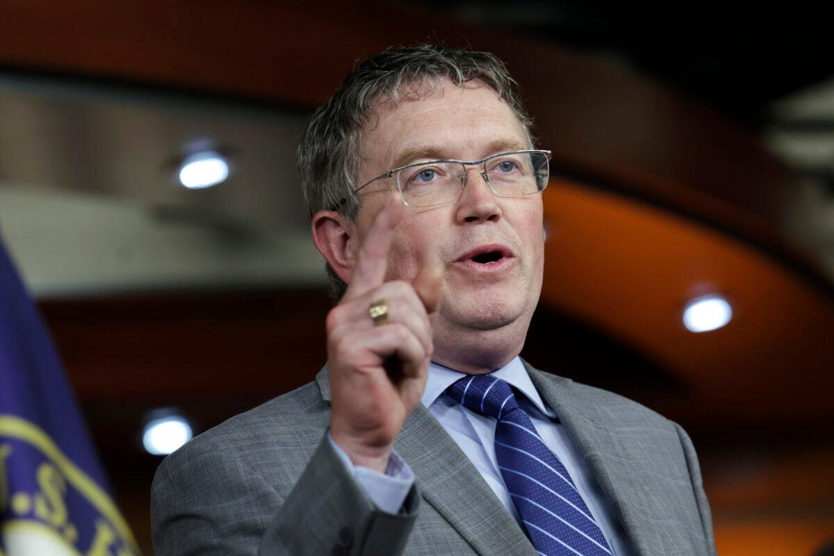 Rep. Thomas Massie (R-Ky.) speaks at a House Second Amendment Caucus press conference at the U.S. Capitol in Washington on June 8, 2022. (Kevin Dietsch/Getty Images)