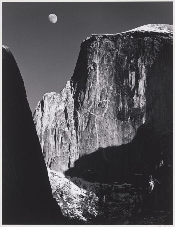 "Moon and Half Dome, Yosemite National Park," 1960, by Ansel Adams. Photography, gelatin silver print. The Lane Collection, Museum of Fine Arts Boston. (The Ansel Adams Publishing Rights Trust/Courtesy of Museum of Fine Arts Boston)