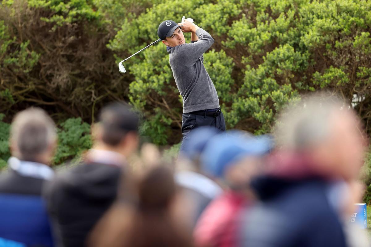Jordan Spieth tees off on 5th hole during Round 1 of AT&T Pebble Beach Pro-Am at Spyglass Hill Golf Course in Pebble Beach Calif., on Feb. 2, 2023. (Scott Strazzante/San Francisco Chronicle via AP)