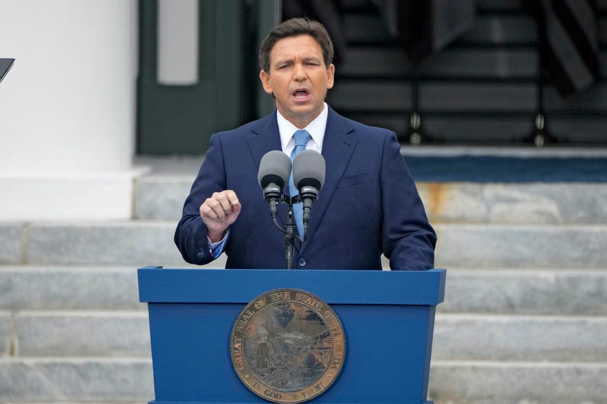 Florida Gov. Ron DeSantis speaks after being sworn in for his second term at an inauguration ceremony outside the Old Capitol in Tallahassee, Fla., on Jan. 3, 2023. (AP Photo/Lynne Sladky)