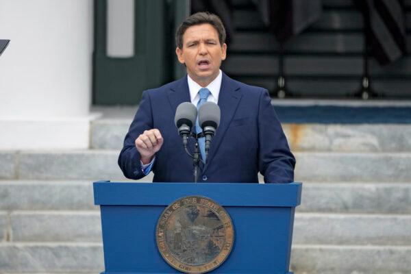 Florida Gov. Ron DeSantis speaks after being sworn in to begin his second term during an inauguration ceremony outside the Old Capitol in Tallahassee, Fla. on Jan. 3, 2023. (Lynne Sladky/AP Photo)