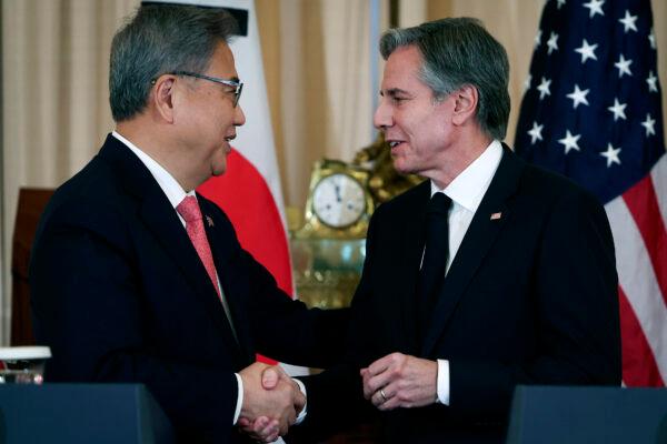 U.S. Secretary of State Antony Blinken shakes hands with South Korean Foreign Minister Park Jin at the conclusion of an event at the State Department in Washington on Feb. 3, 2023. Blinken canceled a planned diplomatic trip to China because of an incident involving a Chinese surveillance balloon identified in U.S. airspace. (Win McNamee/Getty Images)