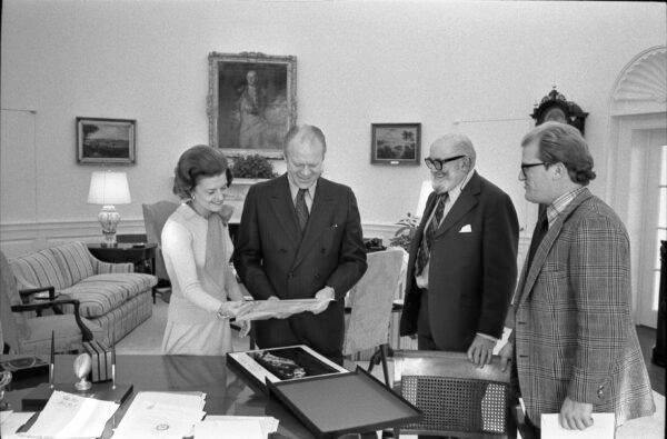 On Jan. 27, 1975, photographer Ansel Adams (2nd R) along with his business manager, conservationist William Turnage, visited President Gerald R. Ford and first lady Betty Ford in the Oval Office of the White House with some of Adams's photographs. The Gerald R. Ford Presidential Library and Museum. (Public Domain)