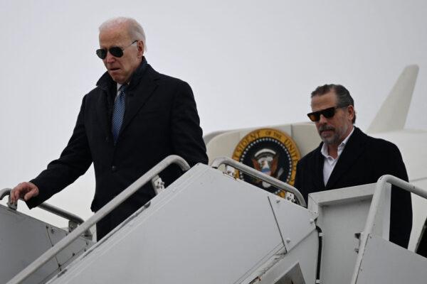 President Joe Biden and his son Hunter Biden arrive at Hancock Field Air National Guard Base in Syracuse, N.Y., on Feb. 4, 2023. (Andrew Caballero-Reynolds/AFP via Getty Images)