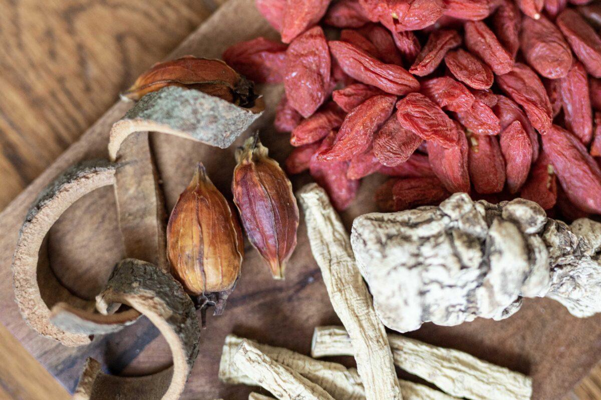 Common herbs in traditional Chinese medicine: goji berries, dong quai (female ginseng), dong gua pi (winter melon peel), zhi zi (gardenia seeds), rougui (cassia bark), and dang shen (codonopsis root). They are used to regulate energy imbalances in the body, which can lead to a healthier, more radiant complexion, according to Dr. Jingduan Yang. (Tatsiana Moon for American Essence)