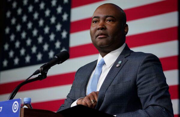 Jaime Harrison, chair of the Democratic National Committee (DNC), speaks at the DNC Winter Meeting in Philadelphia, Pa., on Feb. 4, 2023. (Timothy A. Clary/AFP via Getty Images)