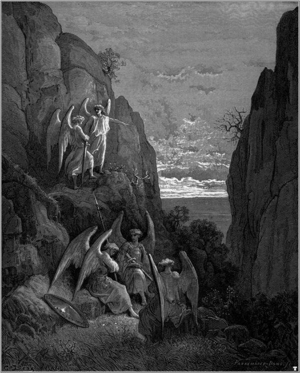 So promised he; and Uriel to his charge/Returned (IV. 589, 590), 1866, by Gustav Doré for John Milton’s “Paradise Lost.” Engraving. (Public Domain).