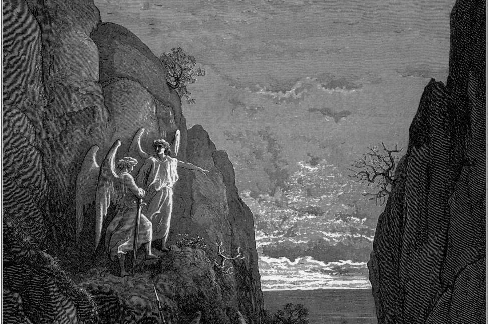 A detail of one engraving by Gustav Doré for John Milton’s “Paradise Lost” showing two angels discussing an evil spirit that may have come to earth. (Public Domain)