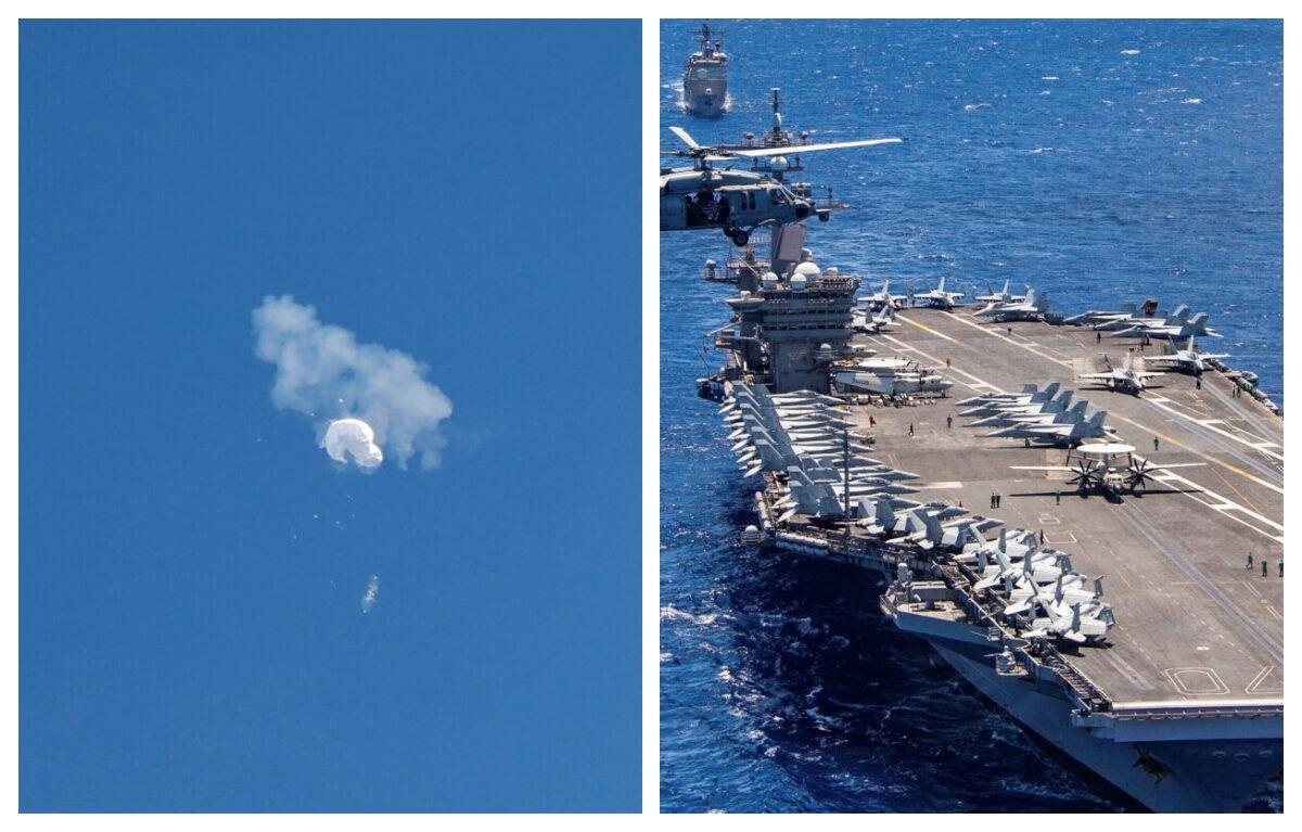 (Left) The Chinese balloon drifts to the ocean after being shot down off the coast in Surfside Beach, S.C., on Feb. 4, 2023. (Right) The aircraft carrier USS Carl Vinson participates in a group sail during the Rim of the Pacific exercise off the coast of Hawaii, on July 26, 2018. (Randall Hill/Reuters; Petty Officer 1st Class Arthurgwain L. Marquez/U.S. Navy via AP)