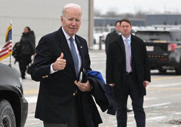 President Joe Biden arrives to board Air Force One at Hancock Field Air National Guard Base in Syracuse, New York, on Feb. 4, 2023. (Andrew Caballero-Reynolds/AFP via Getty Images)