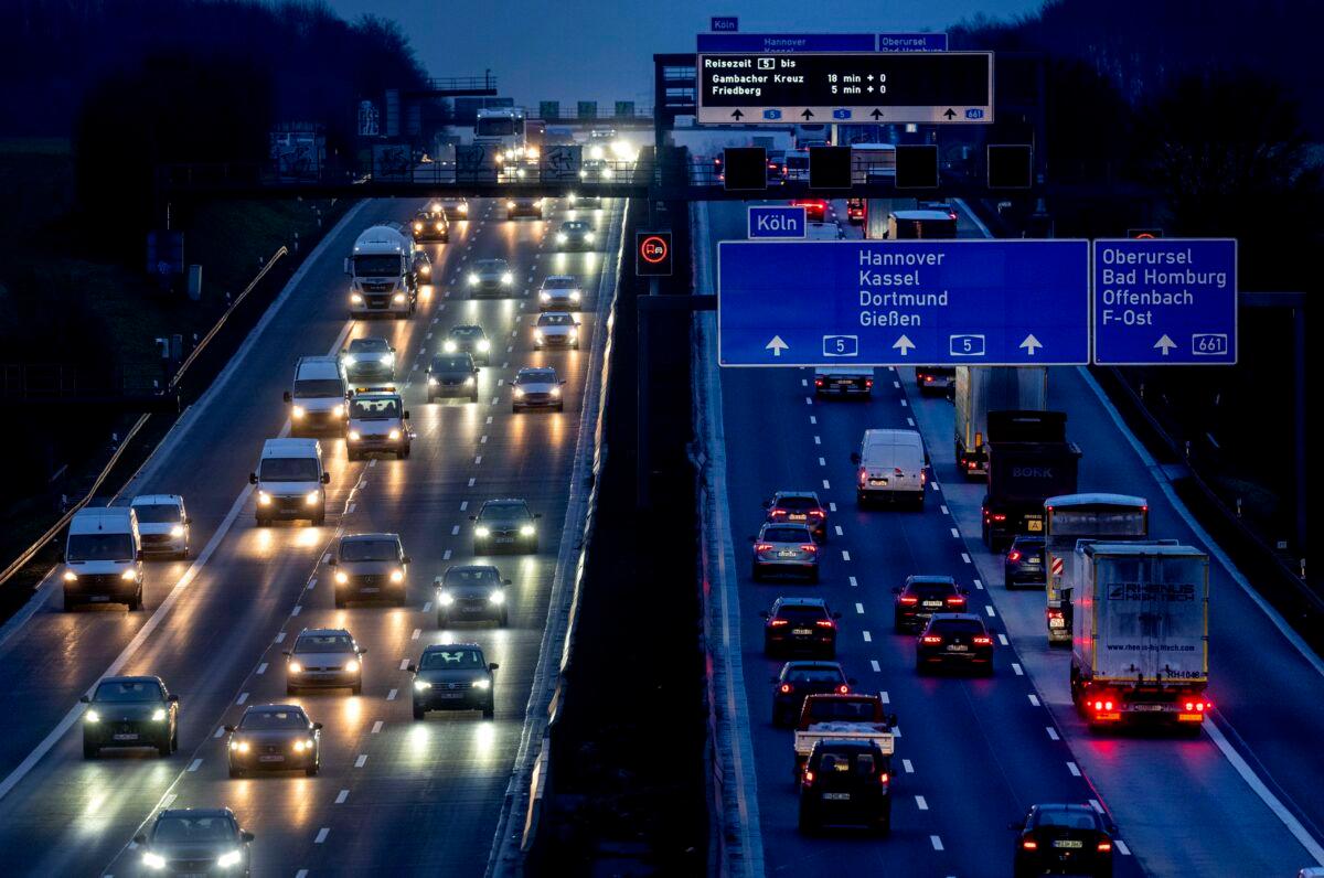 Cars and trucks drive on a highway in Frankfurt, Germany, on Jan. 27, 2023. (Michael Probst/AP)