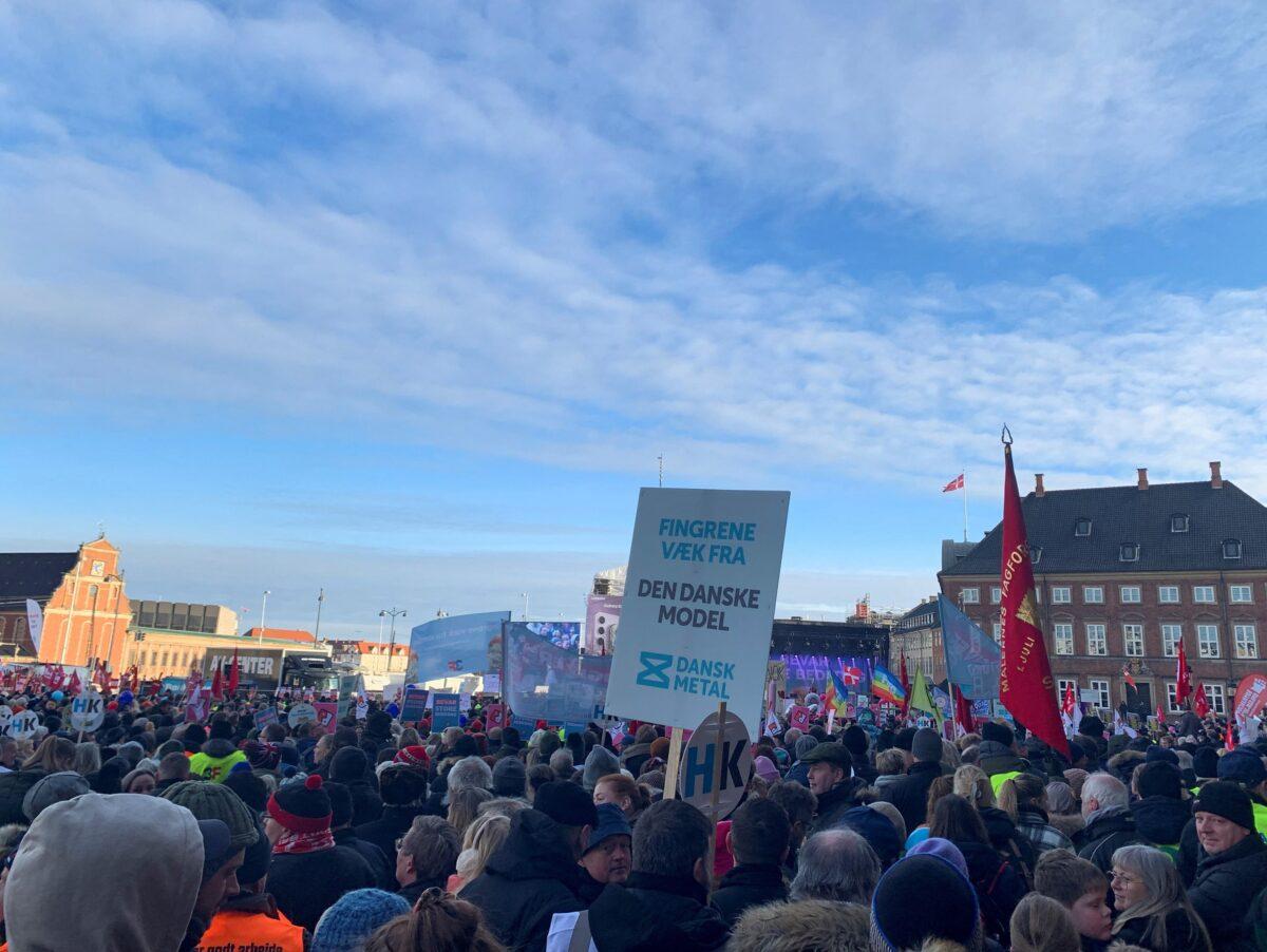 People take part in a protest outside of Danish Parliament building in Copenhagen, Denmark, on Feb. 5, 2023. (Johannes Birkebaek/Reuters)