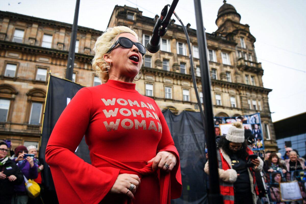 Women's rights activist Kellie-Jay Keen-Minshull speaks during a “Let Women Speak” rally in opposition to government legislation making it easier for people to self-identify their gender, fearing it would allow sexual predators to gain access to women-only spaces, in Glasgow, Scotland, on Feb. 5, 2023. (Andy Buchanan/AFP via Getty Images)