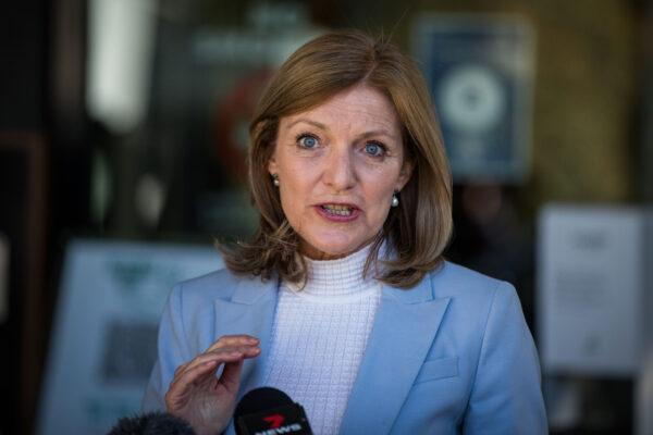 Fiona Patten of the Reason Party speaks to the media outside Victorian Parliament in Melbourne, Australia, on Oct. 26, 2021. (Darrian Traynor/Getty Images)