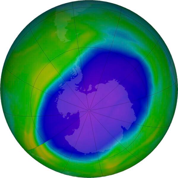 In this NASA false-color image, the blue and purple shows the hole in Earth's protective ozone layer over Antarctica on Oct. 5, 2022. Earth’s protective ozone layer is slowly but noticeably healing at a pace that would fully mend the hole over Antarctica in about 43 years, a new United Nations report says. (NASA via AP, File)
