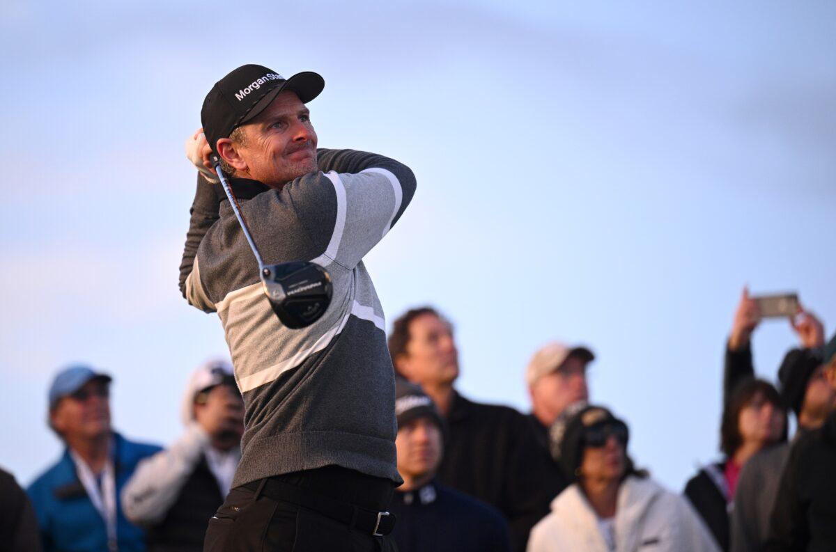 Justin Rose of England plays his shot from the ninth tee during the final round of the AT&T Pebble Beach Pro-Am at Pebble Beach Golf Links in Pebble Beach, Calif., on Feb. 5, 2023. (Orlando Ramirez/Getty Images)