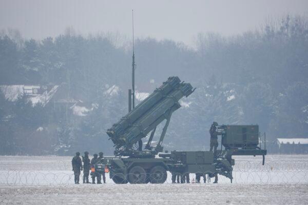 Patriot missile launchers acquired from the U.S. last year are seen deployed in Warsaw, Poland, on Feb. 6, 2023. (Michal Dyjuk/AP Photo)