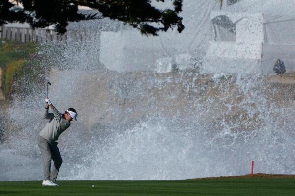 Keith Mitchell prepares to hit a shot from the 18th fairway of the Pebble Beach Golf Links during the fourth round of the AT&T Pebble Beach Pro-Am golf tournament in Pebble Beach, Calif., on Feb. 6, 2023. (Godofredo A. Vásquez/AP Photo)