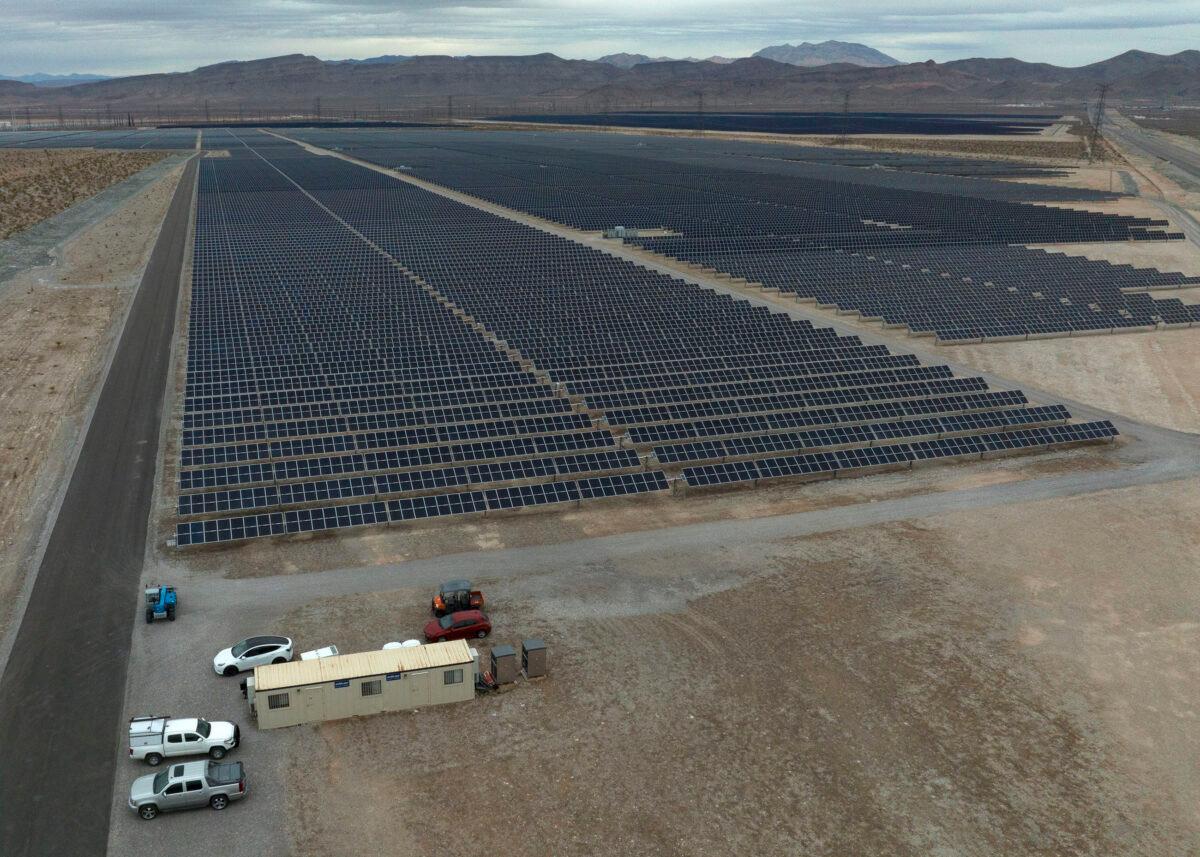 An aerial view of the MGM Mega Solar Array facility northeast of Las Vegas on Jan. 10, 2023. (Bizuayehu Tesfaye/Las Vegas Review-Journal via AP)