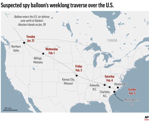 Map shows path of suspected spy balloon. (AP Photo)