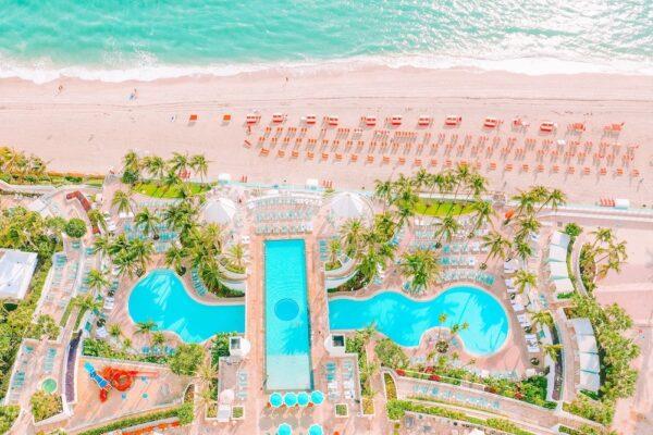 A bird’s eye view of the Diplomat Beach Resort’s patios, pools, beach, and cabanas. (Courtesy of the Diplomat Beach Resort)