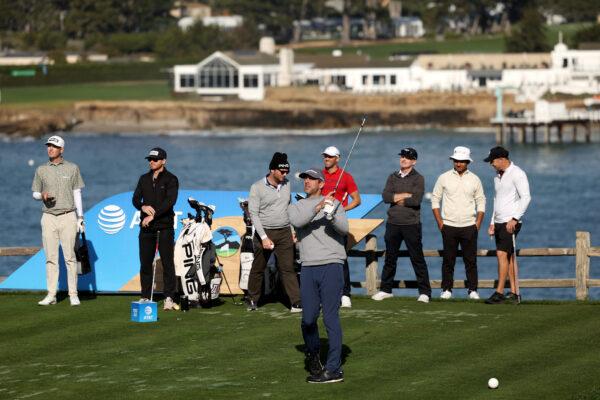 NFL quarterback Aaron Rodgers tees off on the seventh hole prior to the AT&T Pebble Beach Pro-Am at Pebble Beach Golf Links in Pebble Beach, Calif., on Feb. 1, 2023. (Ezra Shaw/Getty Images)