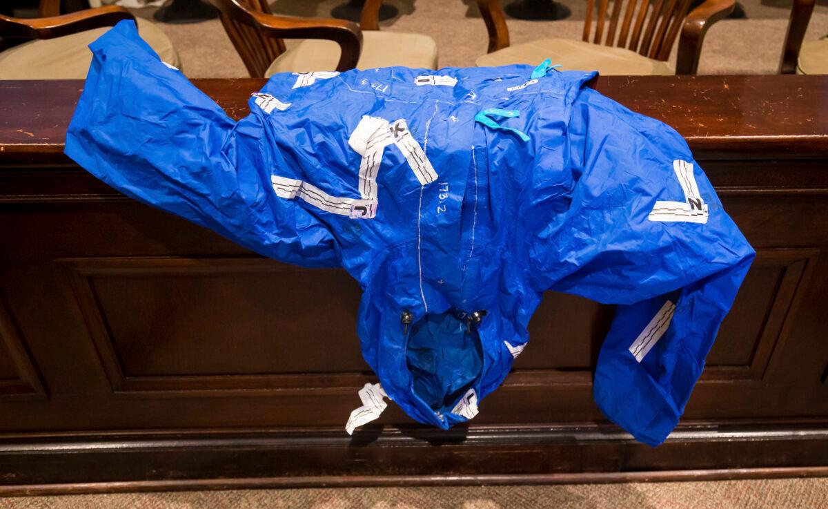Evidence # 226, a raincoat, is seen during the double murder trial of Alex Murdaugh at the Colleton County Courthouse in Walterboro, S.C., on Feb. 6, 2023. (Jeff Blake/The State via AP, Pool)