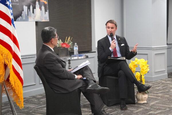 Virginia Attorney General Jason Miyares (R) is pictured with Harold Pyon, deputy commissioner of Virginia's Department of Labor and Industry, at an Asian-American town hall meeting in Alexandria, Va., on Feb. 6, 2023. (Terri Wu/The Epoch Times)