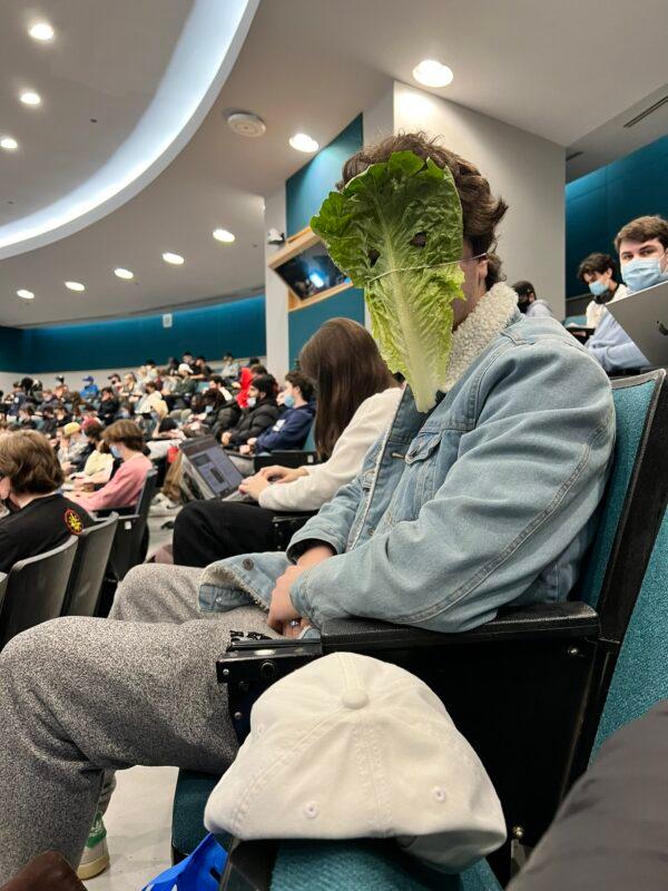 Kamil Bachouchi, a student at Waterloo's Wilfrid Laurier University, wears a lettuce "mask" to protest the school's mask mandate on Jan. 16, 2023. (Courtesy of Kamil Bachouchi)