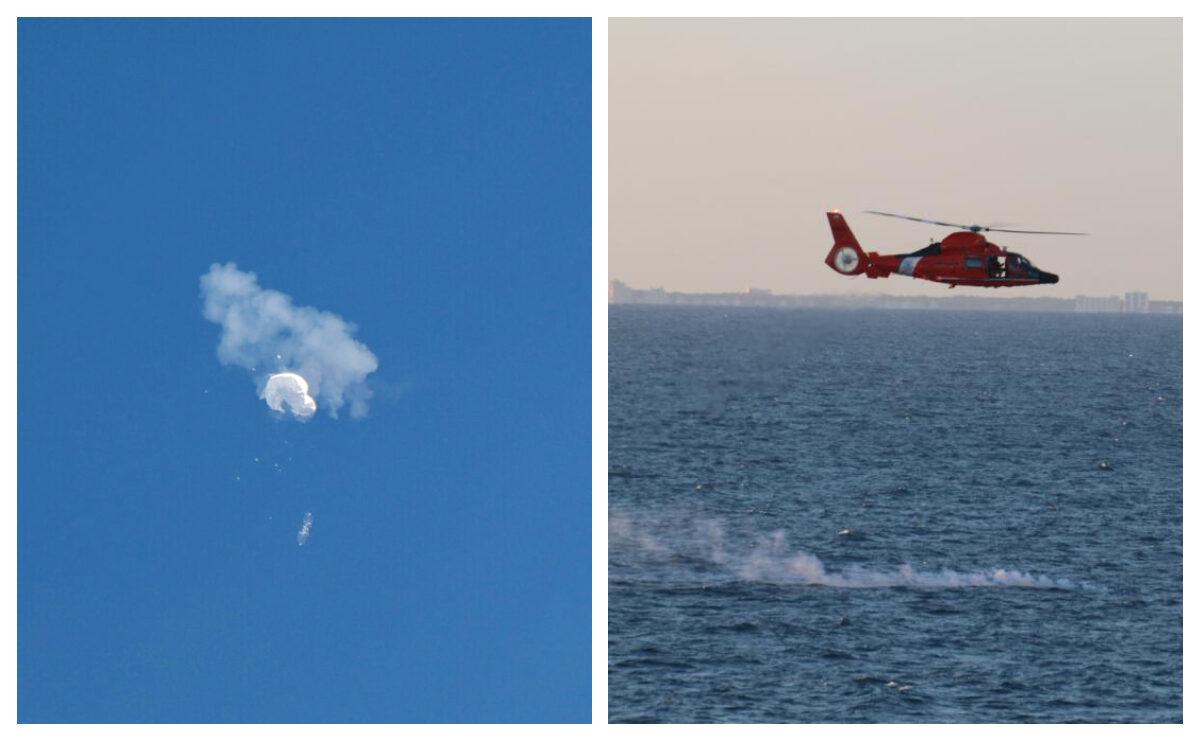 The Chinese spy balloon drifts to the ocean after being shot down off the coast in Surfside Beach, S.C., on Feb. 4, 2023.; and a U.S. Coast Guard helicopter flies over a debris field during recovery efforts on Feb. 4, 2023. (Randall Hill/Reuters); U.S. Navy photo by Lt. j.g. Jerry Ireland)