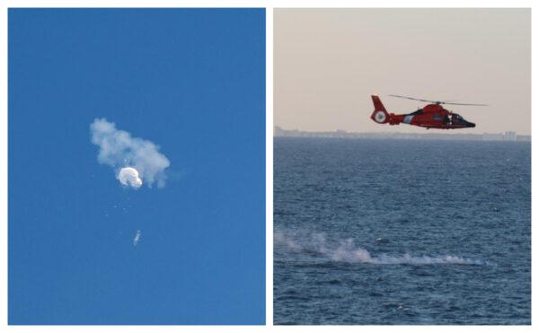 The Chinese spy balloon drifts to the ocean after being shot down off the coast in Surfside Beach, S.C., on Feb. 4, 2023.; and a U.S. Coast Guard helicopter flies over a debris field during recovery efforts on Feb. 4, 2023. (Randall Hill/Reuters; U.S. Navy photo by Lt. j.g. Jerry Ireland)
