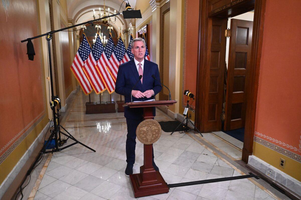 U.S. Speaker of the House Kevin McCarthy (R-Calif.) delivers remarks on the debt ceiling at the U.S. Capitol in Washington on Feb. 6, 2023. (Saul Loeb/AFP via Getty Images)