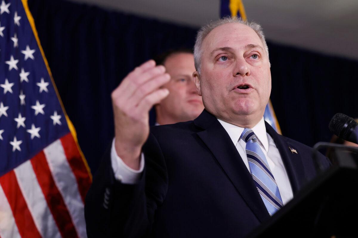 House Majority Leader Steve Scalise (R-La.) speaks at a press conference at the RNC headquarters on Capitol Hill in Washington, on Jan. 25, 2023. (Anna Moneymaker/Getty Images)