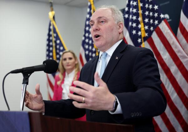 House Majority Leader Steve Scalise (R-La.) speaks to reporters following a House Republican caucus meeting at the U.S. Capitol in Washington, on Jan. 31, 2023. (Kevin Dietsch/Getty Images)