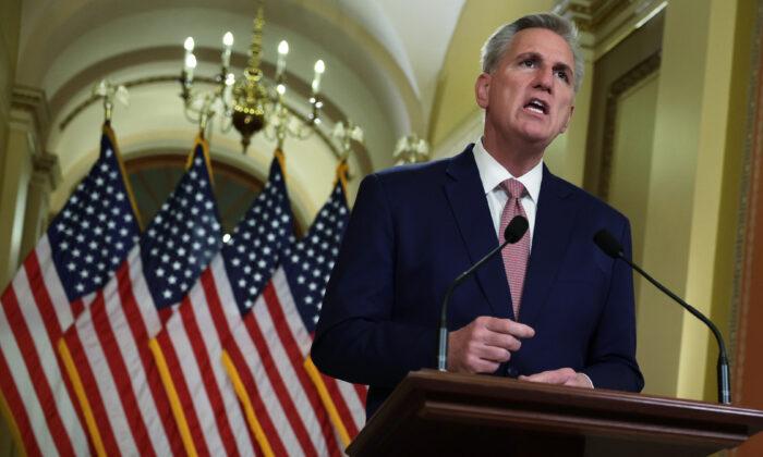 Speaker of the House Rep. Kevin McCarthy (R-Calif.) speaks on the debt ceiling outside his office at the U.S. Capitol in Washington, on Feb. 6, 2023.  (Alex Wong/Getty Images)