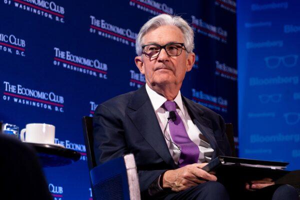 Federal Reserve Board Chairman Jerome Powell speaks during an interview by David Rubenstein, chairman of the Economic Club of Washington, at the Renaissance Hotel in Washington on Feb. 7, 2023. (Julia Nikhinson/Getty Images)