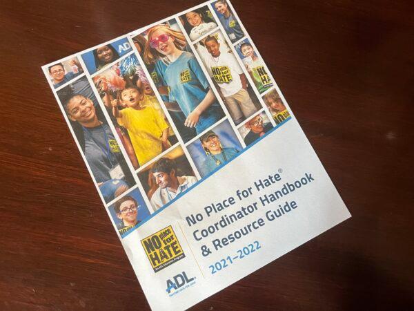 The cover of the No Place for Hate Coordinator Handbook and Resource Guide, published by the Anti-Defamation League, for schoolchildren in all grades, including kindergarten. (Nanette Holt/The Epoch Times)