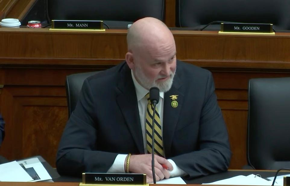 U.S. Rep. Derrick Van Orden (R-Wis.) asks questions during a meeting of the House Transportation and Infrastructure Committee in Washington,  on Feb. 7, 2023. (Janice Hisle/The Epoch Times via screenshot of live video)