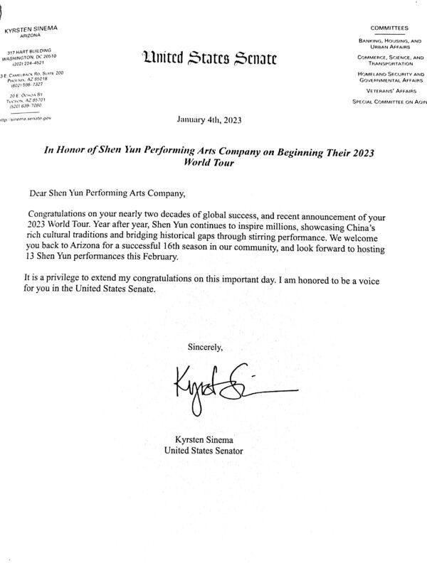 Letter of congratulations to Shen Yun Performing Arts from the office of US Senator Kyrsten.