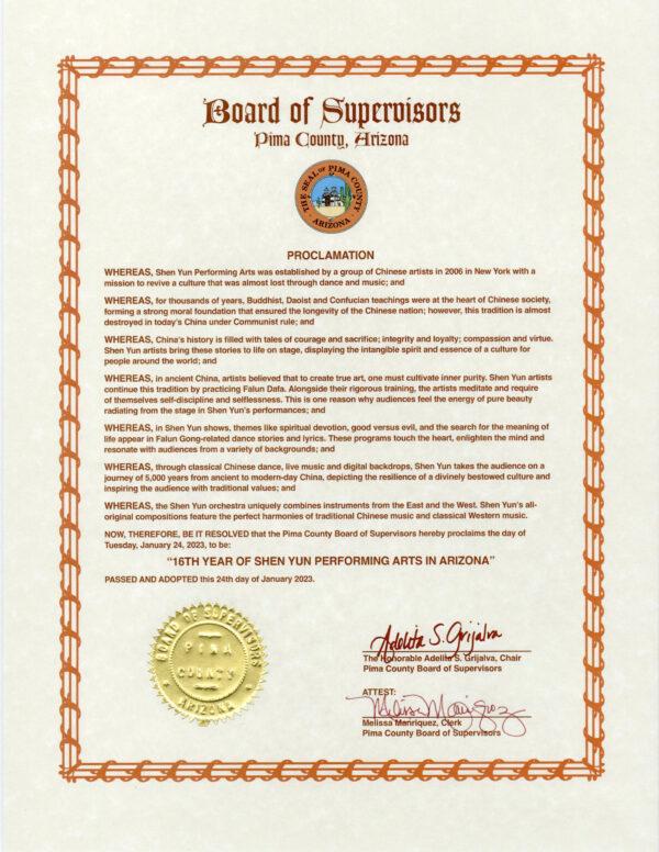Pima County proclaims the day of Tuesday, Jan. 24, 2023, to be the “16th year of Shen Yun Performing Arts in Arizona.”