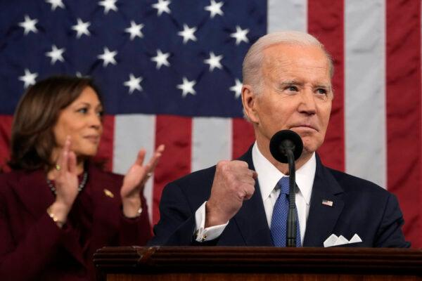 Vice President Kamala Harris applauds as President Joe Biden delivers the State of the Union address in the House Chamber of the US Capitol in Washington, on Feb. 7, 2023. (Jacquelyn Martin/POOL/AFP via Getty Images)