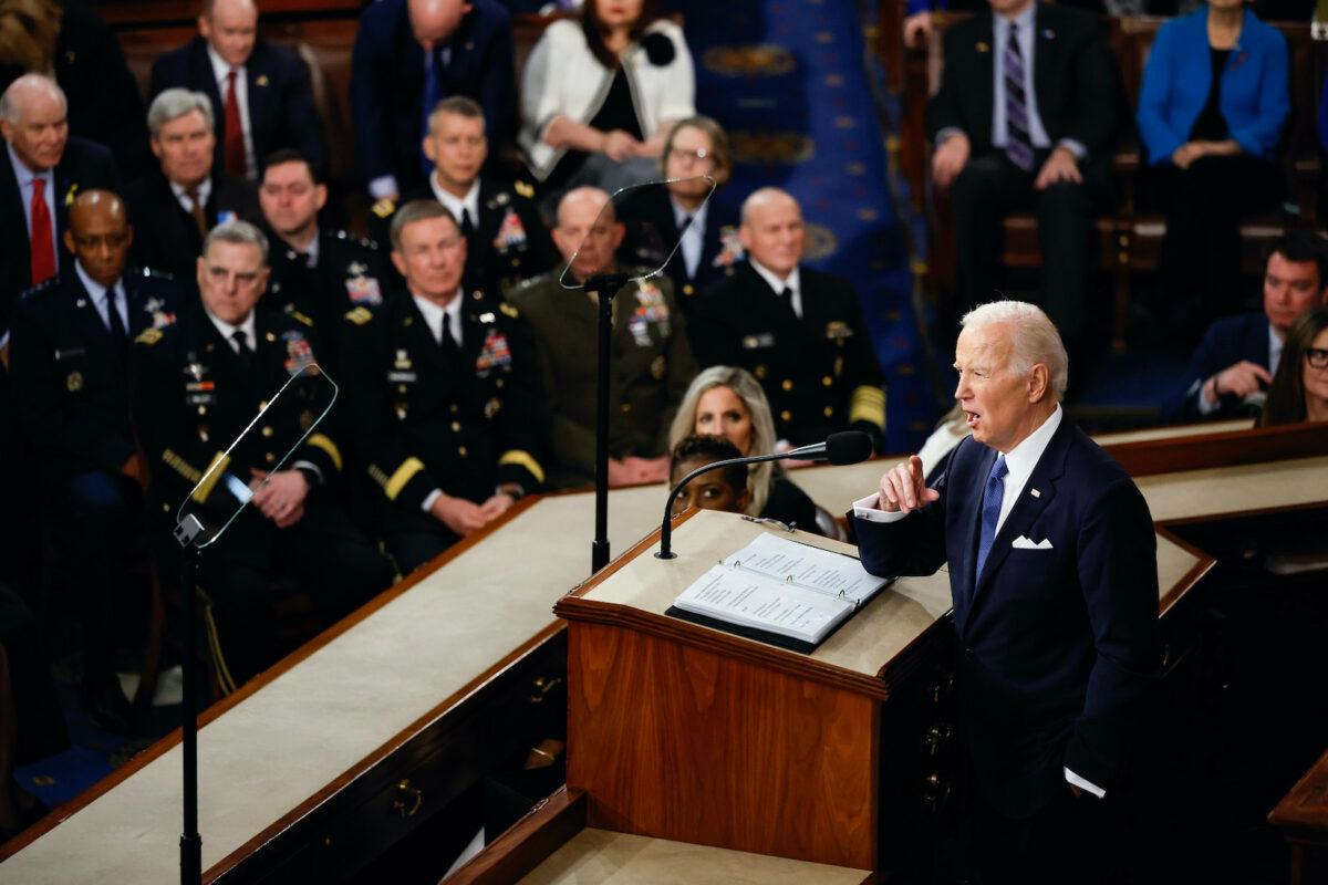 U.S. President Joe Biden delivers his State of the Union address during a joint meeting of Congress in the House Chamber of the U.S. Capitol in Washington on Feb. 7, 2023. (Chip Somodevilla/Getty Images)
