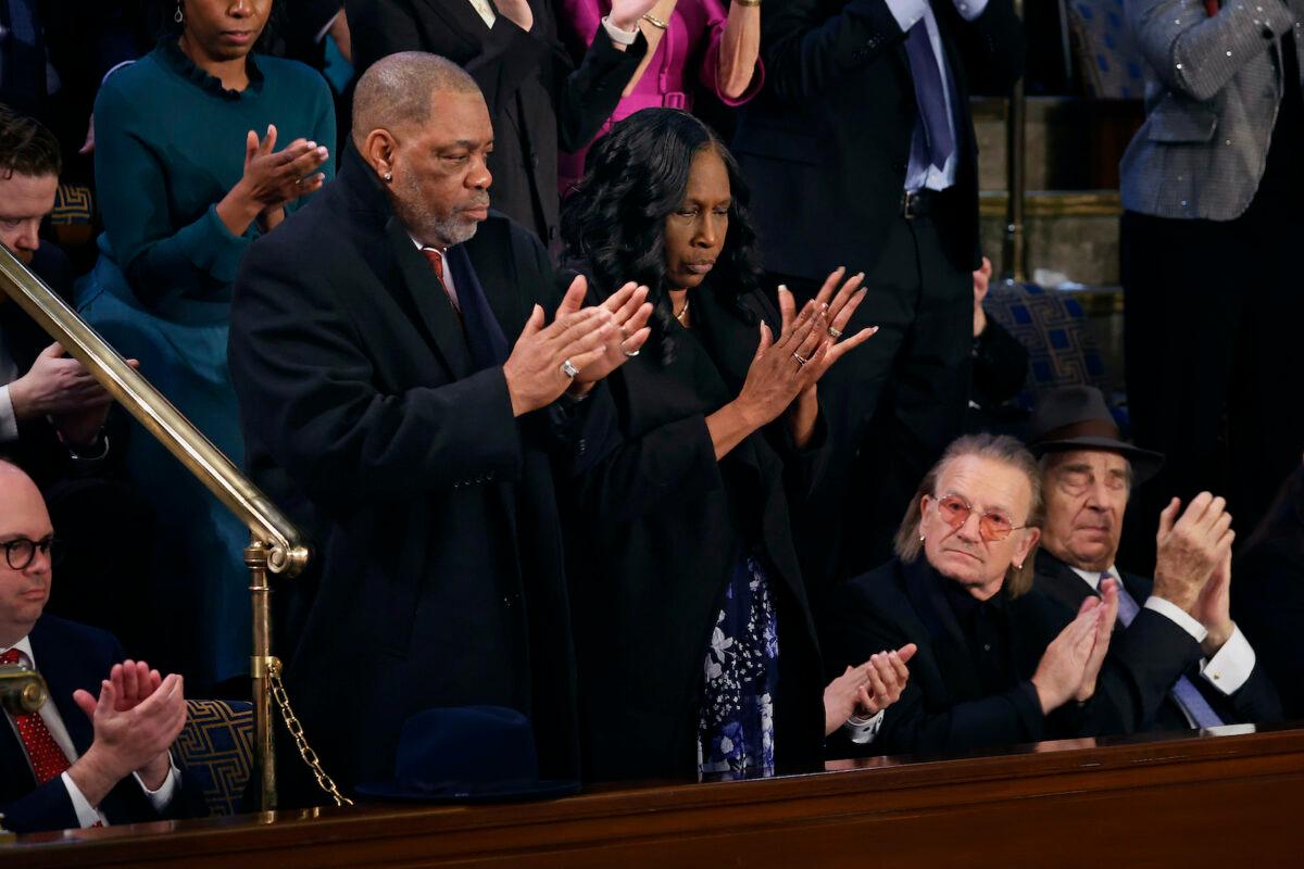 Rodney Wells and RowVaughn Wells, parents of Tyre Nichols, stand and applaud for President Joe Biden during his State of the Union address in the House Chambers of the U.S. Capitol in Washington on Feb. 7, 2023. (Chip Somodevilla/Getty Images)