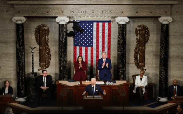 President Joe Biden delivers his State of the Union address before a joint session of Congress as Vice President Kamala Harris and Speaker of the House Kevin McCarthy applaud in the House Chamber at the U.S. Capitol in Washington on Feb. 7, 2023. (Kevin Lamarque/Reuters)