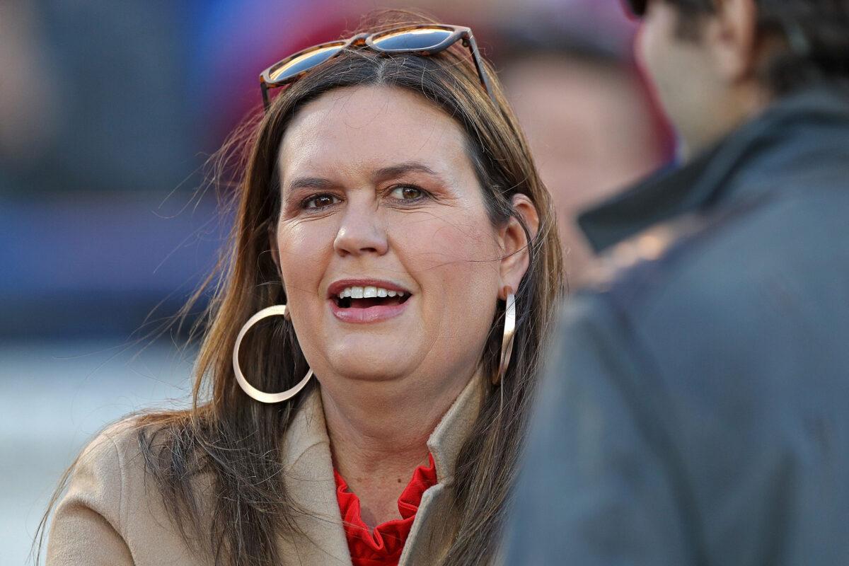 Governor Sarah Huckabee Sanders of Arkansas attends the AutoZone Liberty Bowl game between the Kansas Jayhawks and the Arkansas Razorbacks at Simmons Bank Liberty Stadium in Memphis, Tenn., on Dec. 28, 2022. (Justin Ford/Getty Images)