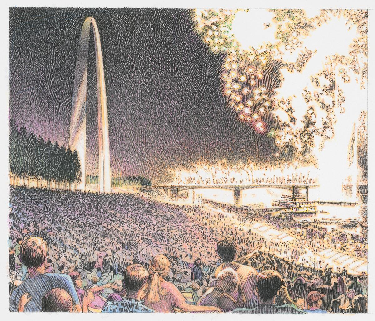 Design drawing for the Jefferson National Expansion Memorial Competition showing crowd watching fireworks near the Gateway Arch, St. Louis, Missouri. Library of Congress. (Public Domain)