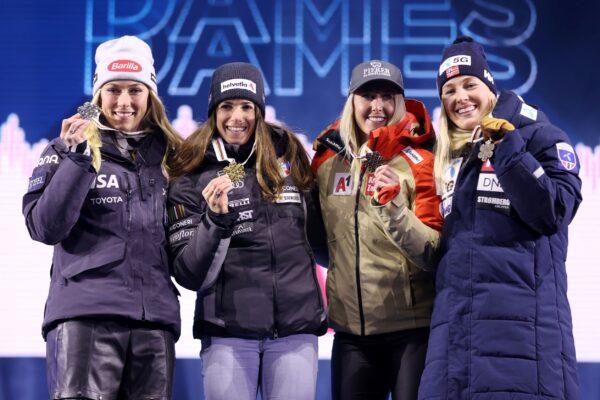 (L–R) Silver medalist Mikaela Shiffrin of United States, gold medalist Marta Bassino of Italy and bronze medalists Cornelia Huetter of Austria and Kajsa Vickhoff Lie of Norway pose for a photo during the medal ceremony for Women's Super G at the FIS Alpine World Ski Championships in Meribel, France, on Feb. 8, 2023. (Alex Pantling/Getty Images)